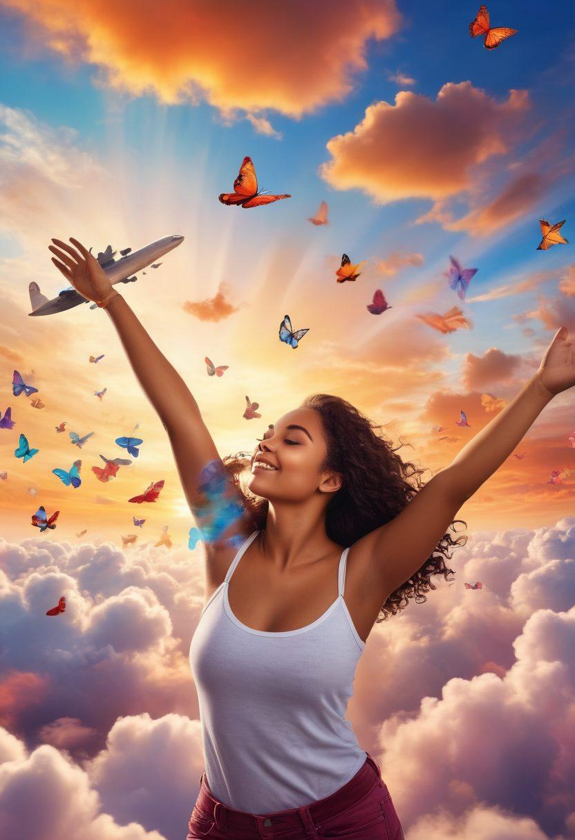 A confident woman of diverse descent joyfully navigating the clouds, her arms outstretched in freedom, surrounded by colorful butterflies representing body positivity. An airplane silhouette flies beneath her, symbolizing adventure and travel. The background is a vibrant sunrise, radiating warmth and hope. super-realistic. vibrant colors. airy and bright atmosphere.