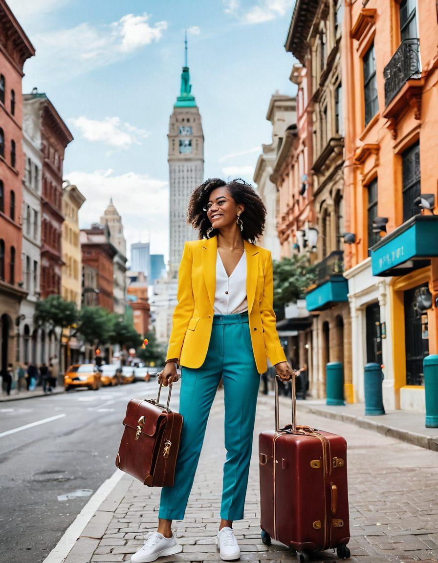 A confident woman of diverse descent joyfully exploring a vibrant cityscape, with a backdrop of iconic landmarks. She exudes empowerment in a stylish, flowing outfit that celebrates femininity, surrounded by travel essentials like a chic suitcase and a camera. The image captures a sense of adventure, joy, and self-love, emphasizing her connection to the world. Incorporate warm, inviting colors to enhance positivity and energy. super-realistic. vibrant colors. cityscape.