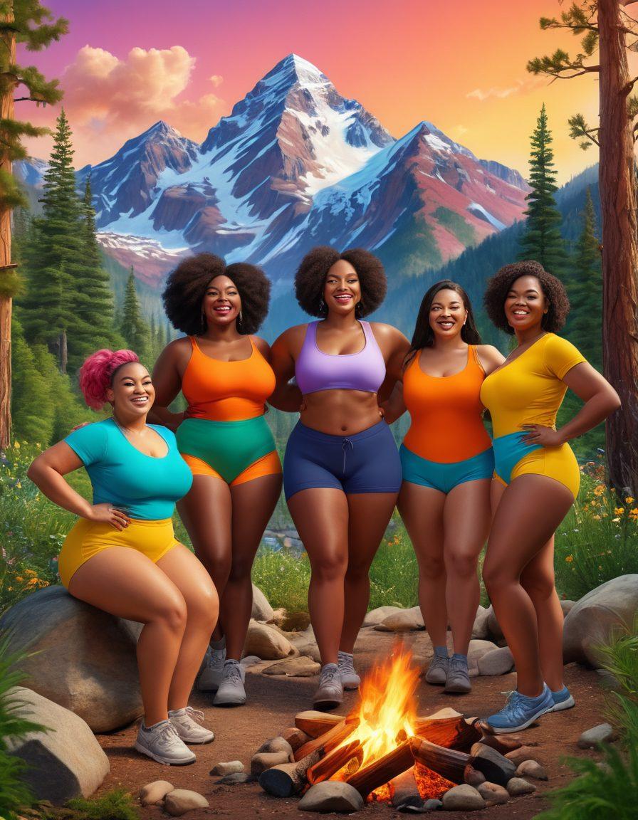 A vibrant celebration of body positivity featuring diverse women of different shapes and sizes joyfully exploring nature, some hiking on a trail, others laughing by a campfire, all proudly showing off their unique body features. The background should showcase a breathtaking landscape with mountains and trees. Bright and cheerful colors to evoke a sense of adventure and empowerment. surreal art. vibrant colors. 3D.